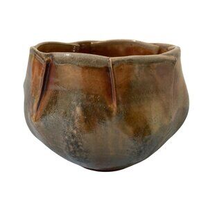 Handcrafted Pottery Bowl With Sculpted Edges Rustic Brown & Earth Tones Glaze